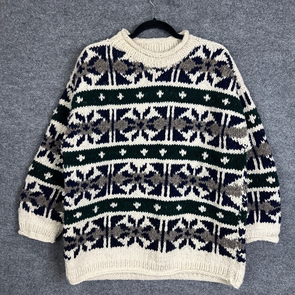 Unbranded Wool Sweater men XL Cream Good Fair Isle Hand Knit Ecuador Vintage